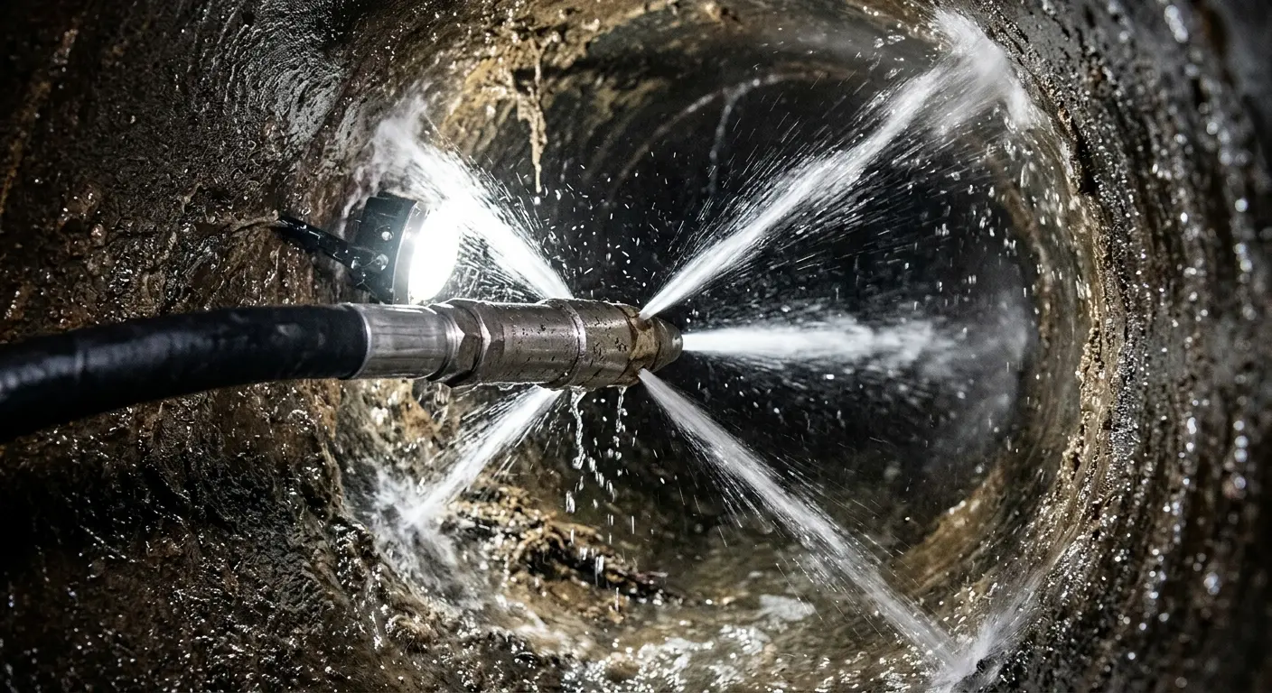 High-pressure hydro jetting nozzle cleaning sewer pipe for Emergency Drain Service in Bolingbrook