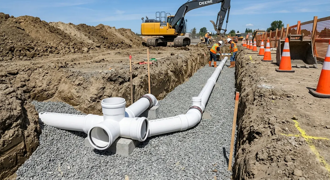 New PVC sewer pipe installation in open trench for Sewer Backup in Bolingbrook