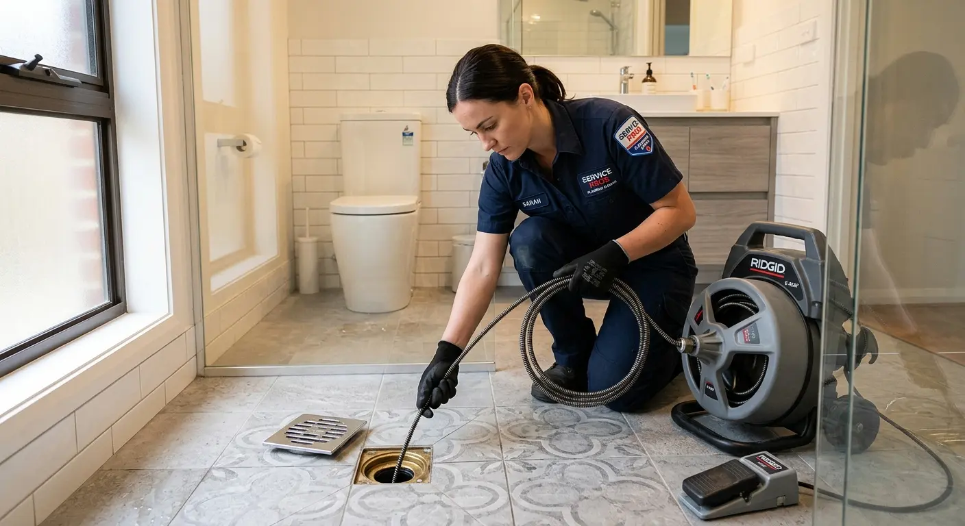 Technician clearing a bathroom floor drain for Sewer Line Installation in Bolingbrook